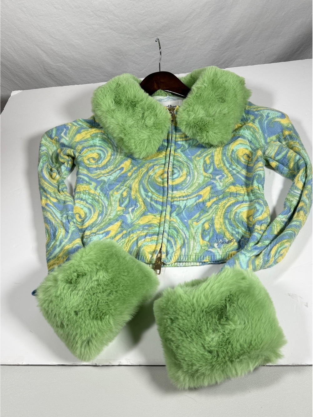 House of Sunny Peggy Cardigan Faux Fur Green Swirl US 8